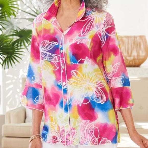 MULTIPLES Bright Colored Lightweight Floral Button Front Blouse Pink Blue XL - Picture 10 of 10